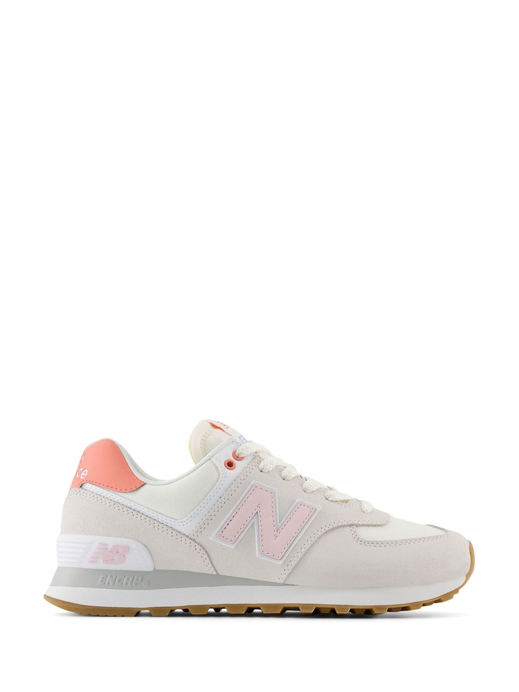New Balance White/Pink Womens 574 Trainers - Image 1 of 13