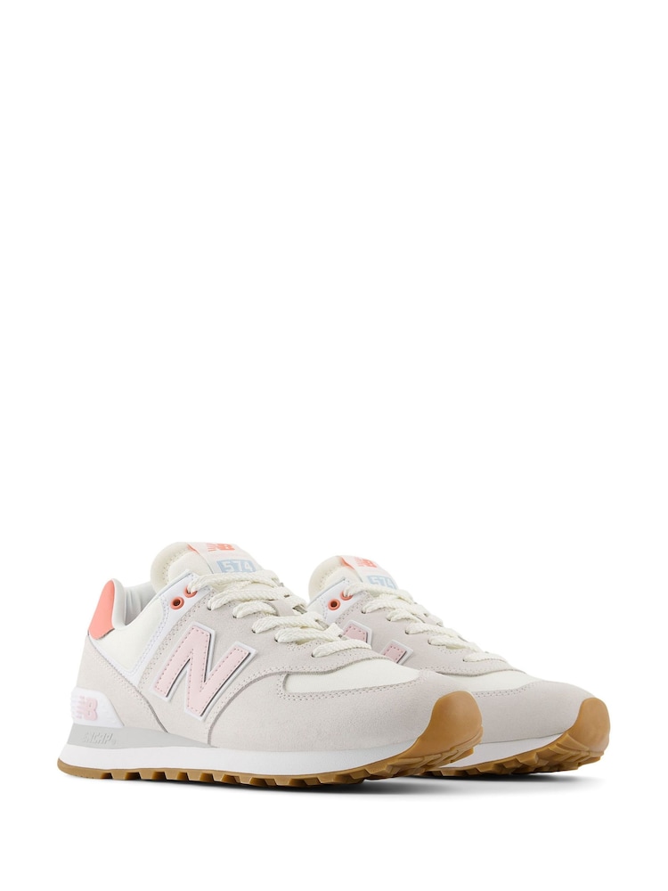 New Balance White/Pink Womens 574 Trainers - Image 6 of 12