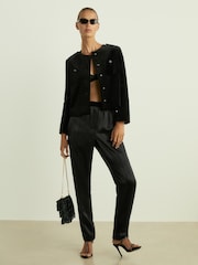 Reiss Black Elea Satin Elasticated Tapered Trousers - Image 1 of 6