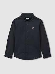 Reiss Navy/Camel Benton Cotton-Oxford Embroidered Button-Down Shirt - Image 1 of 3