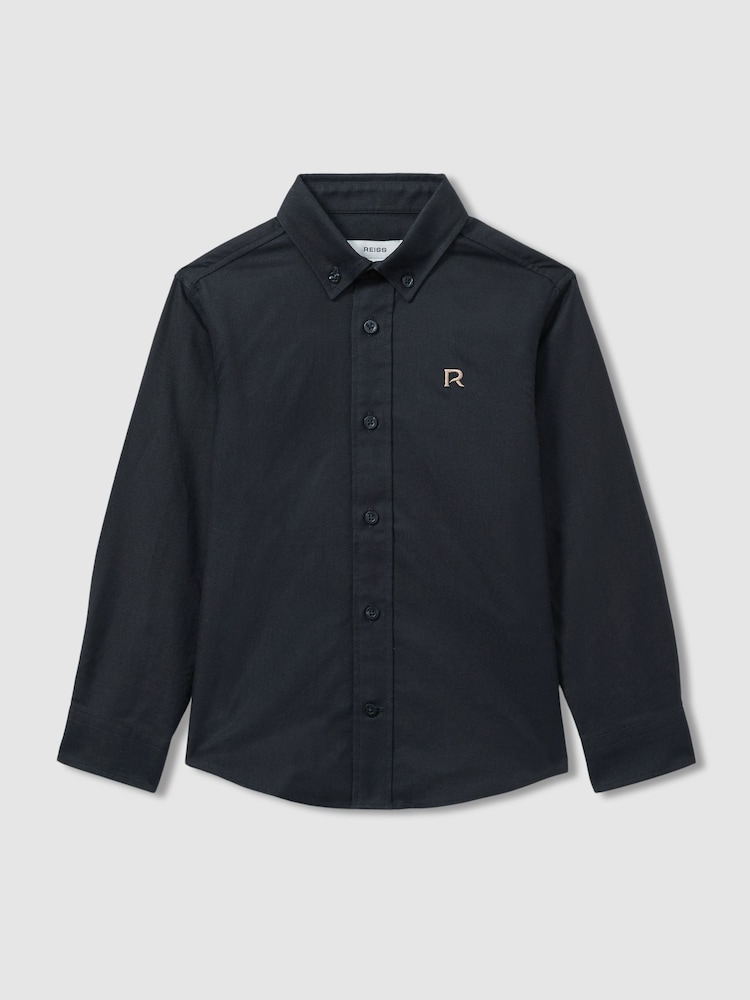 Reiss Navy/Camel Benton Cotton-Oxford Embroidered Button-Down Shirt - Image 1 of 3 Reiss Navy/Camel Benton Cotton-Oxford Embroidered Button-Down Shirt - Image 1 of 3