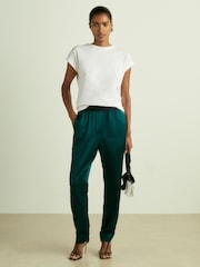 Reiss Teal Elea Satin Elasticated Tapered Trousers - Image 1 of 7