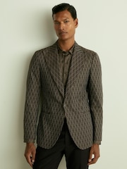 Reiss Chocolate Brown Delt Monogram-Jacquard Twill Blazer - Image 1 of 7