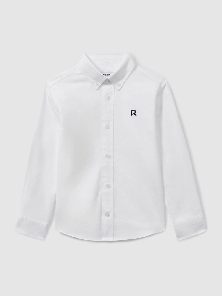 Reiss White/Navy Benton 100% Cotton Oxford Embroidered Button Down Shirt - Image 1 of 4
