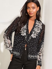 Lipsy Black/White Button Through V Neck Long Sleeve Printed Blouse - Image 3 of 4