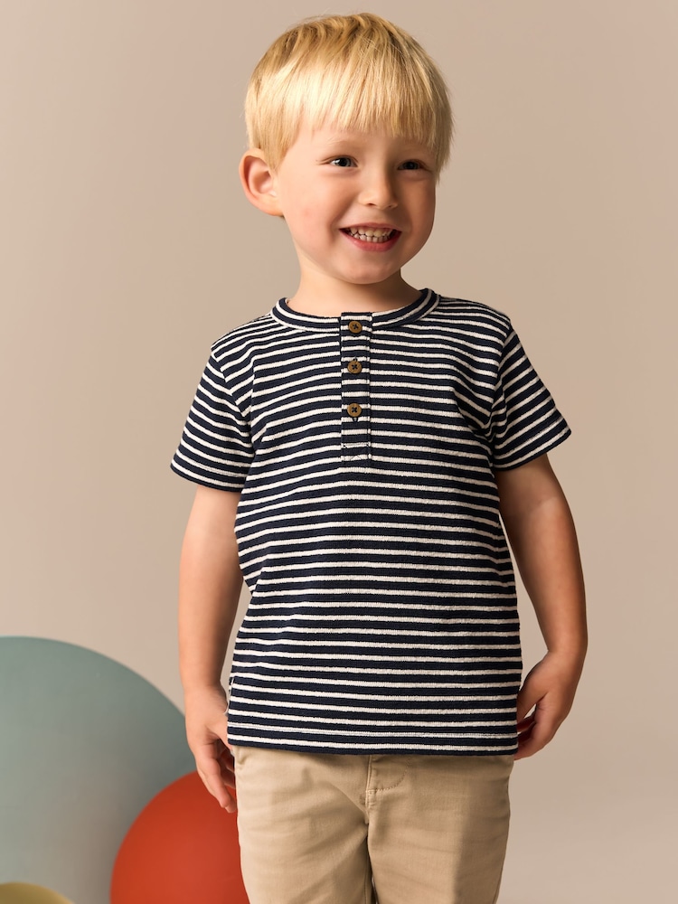 White/Navy Stripe Short Sleeve Henley Neck T-Shirt (3mths-7yrs) - Image 1 of 9