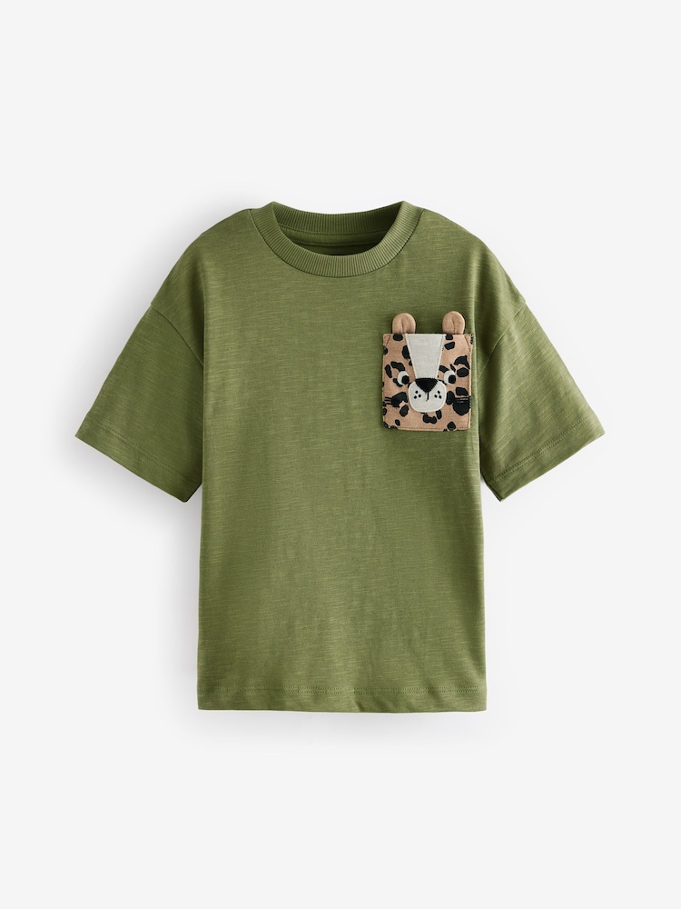 Khaki Green Cheetah Pocket Short Sleeve Pocket Character T-Shirt (3mths-7yrs) - Image 1 of 4