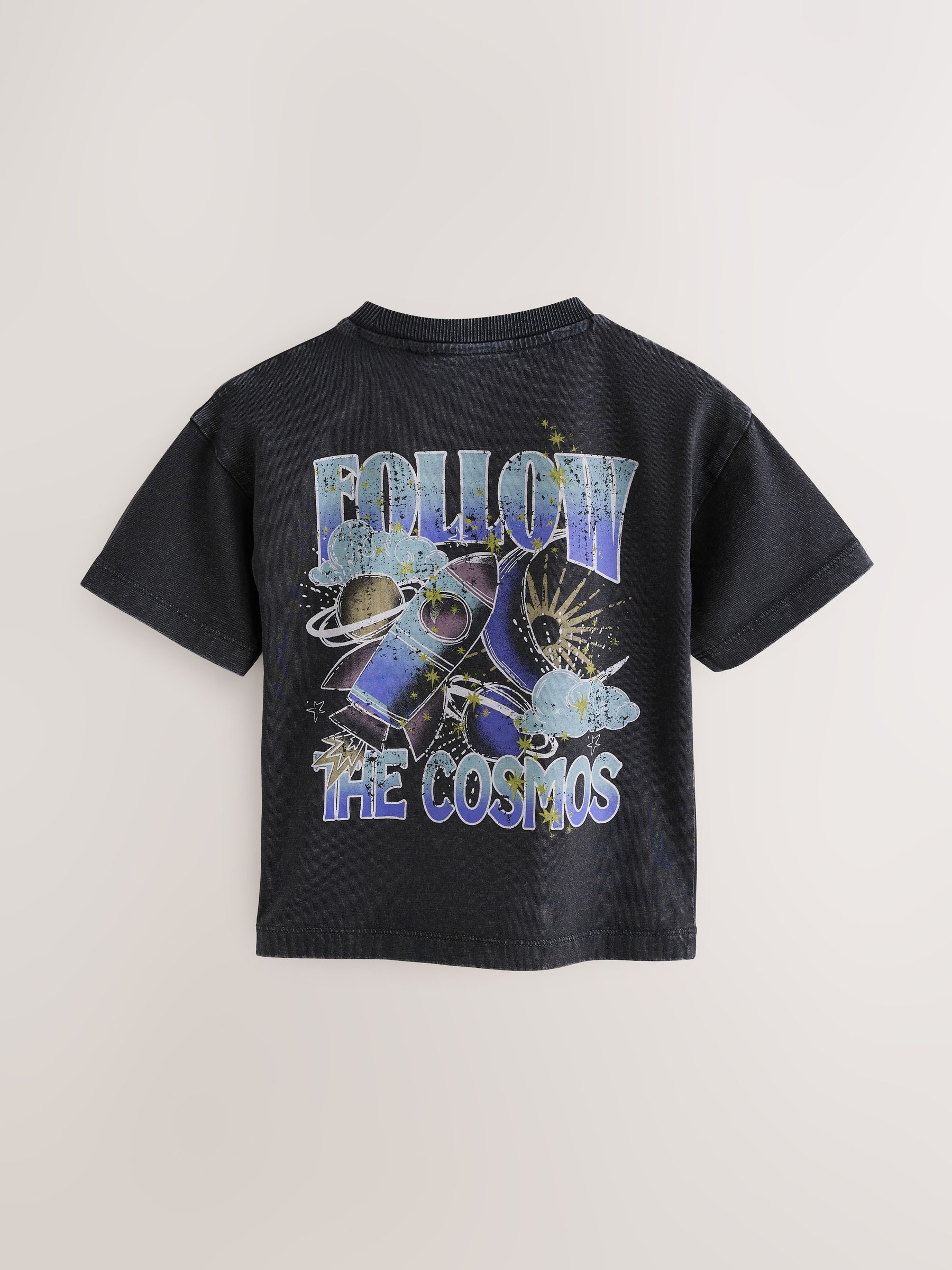 Buy Acid Wash Black Short Sleeve Back Print T-Shirt (3mths-7yrs