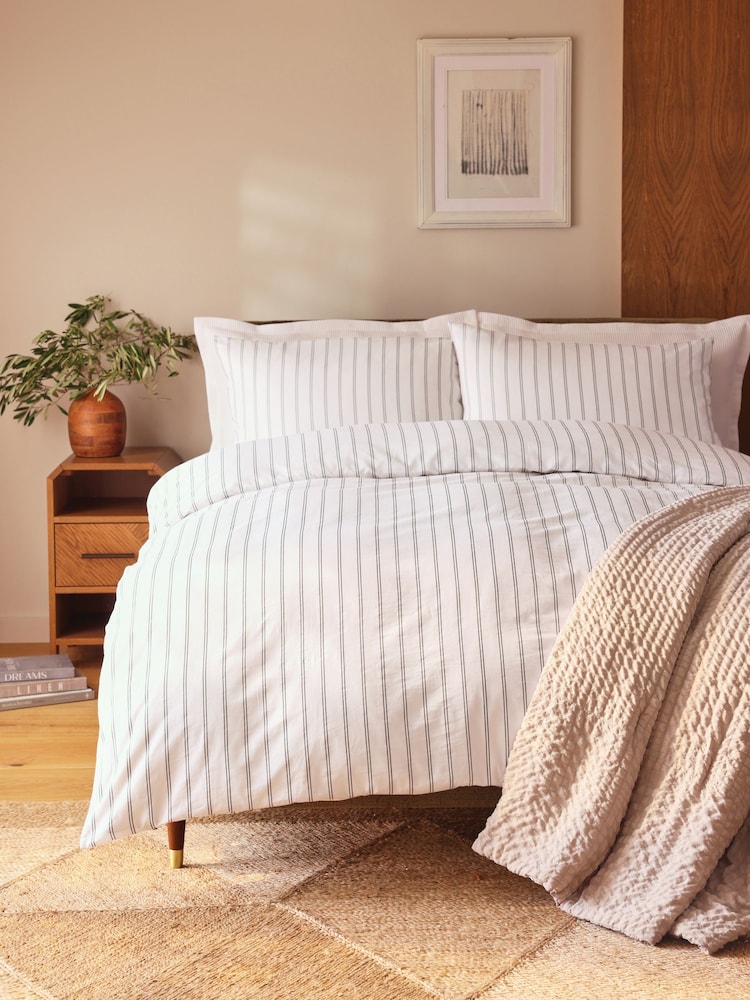 White Monochrome 100% Cotton Stripe Duvet Cover and Pillowcase Set - Image 1 of 4