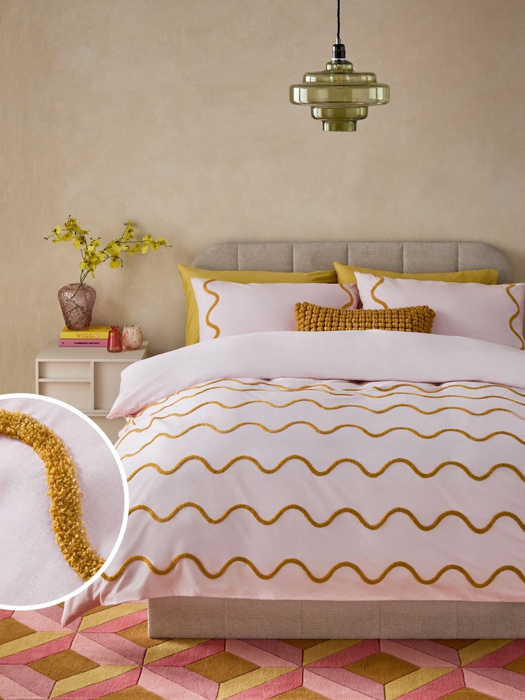 Peach Pink Tufted Wave 100% Cotton Duvet Cover and Pillowcase Set - Image 1 of 4