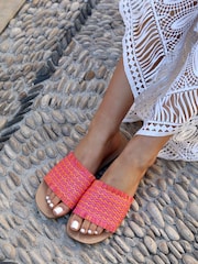 Linzi Pink Flamingo Raffia Slip On Sliders With Fringing - Image 1 of 4