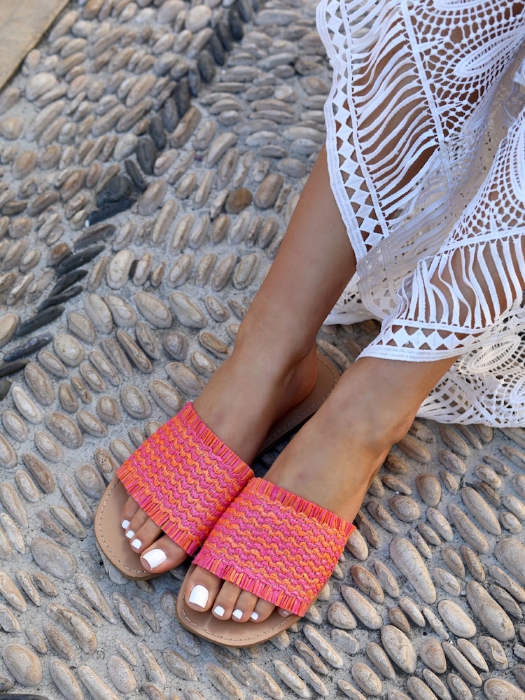 Linzi Pink Flamingo Raffia Slip On Sliders With Fringing - Image 1 of 4
