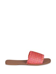 Linzi Pink Flamingo Raffia Slip On Sliders With Fringing - Image 2 of 4