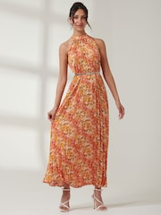 Jolie Moi Orange Halter Neck Pleated Maxi Dress - Image 6 of 7