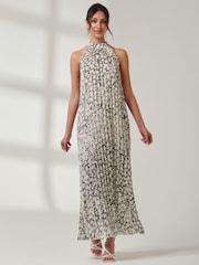 Jolie Moi Black/White Halter Neck Pleated Maxi Dress - Image 1 of 6