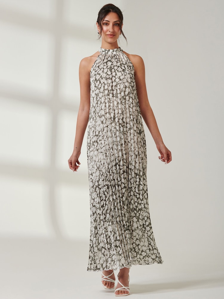 Jolie Moi Black/White Halter Neck Pleated Maxi Dress - Image 1 of 6