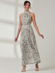 Jolie Moi Black/White Halter Neck Pleated Maxi Dress - Image 4 of 6