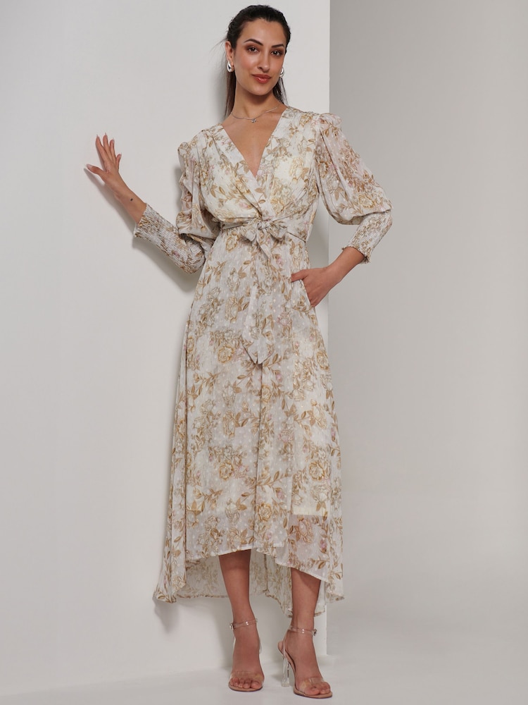 Jolie Moi Cream V-Neck Tie Waist Puff Sleeve Maxi Dress - Image 1 of 6