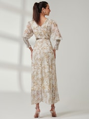 Jolie Moi Cream V-Neck Tie Waist Puff Sleeve Maxi Dress - Image 2 of 6