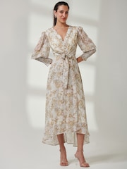 Jolie Moi Cream V-Neck Tie Waist Puff Sleeve Maxi Dress - Image 4 of 6