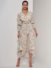 Jolie Moi Cream V-Neck Tie Waist Puff Sleeve Maxi Dress - Image 5 of 6