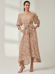 Jolie Moi Brown V-Neck Tie Waist Puff Sleeve Maxi Dress - Image 1 of 6