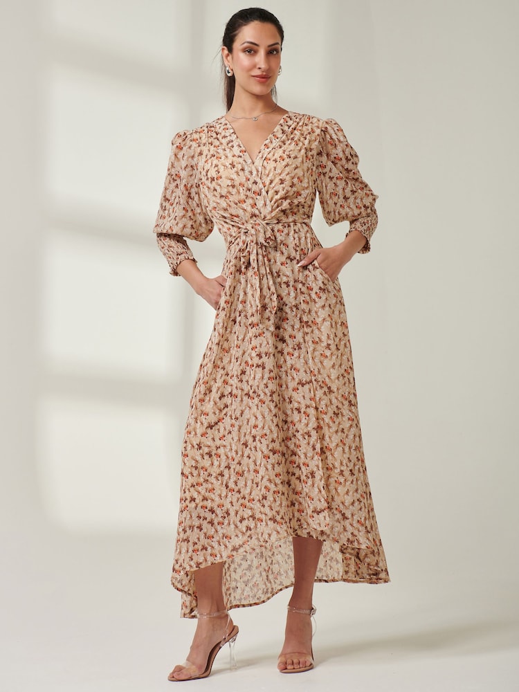 Jolie Moi Brown V-Neck Tie Waist Puff Sleeve Maxi Dress - Image 1 of 6