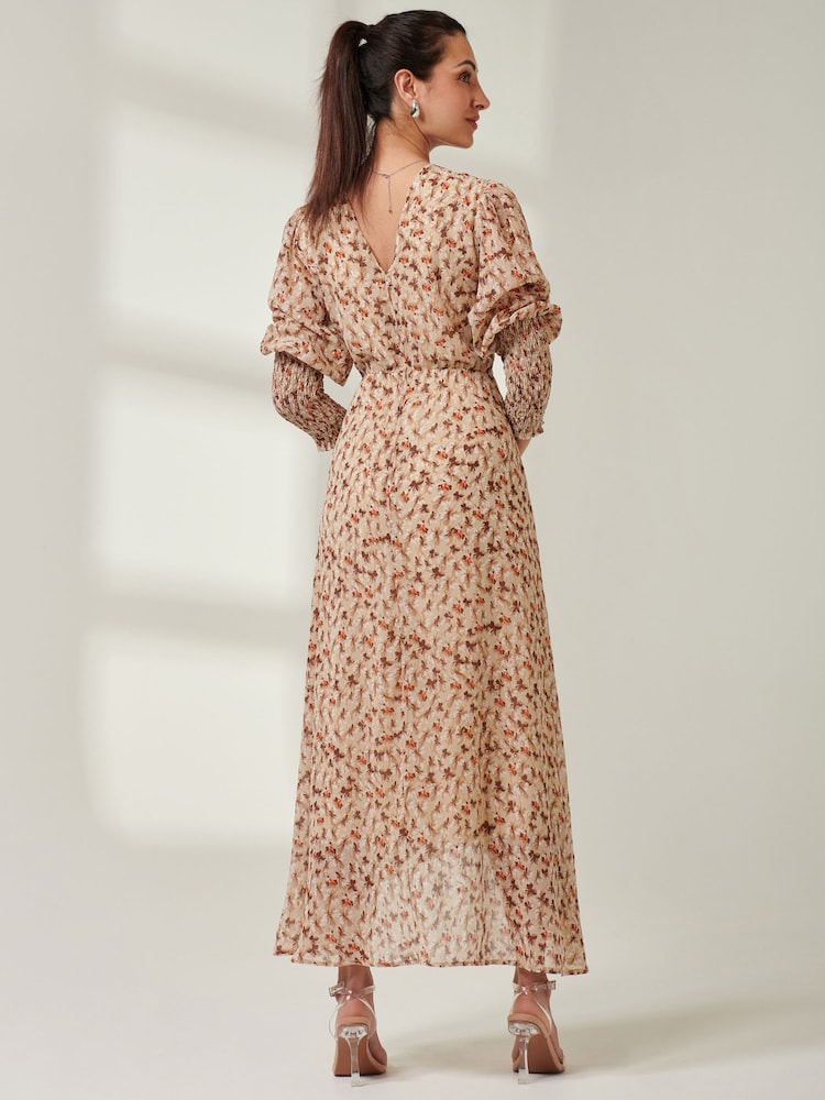 Jolie Moi Brown V-Neck Tie Waist Puff Sleeve Maxi Dress - Image 2 of 6