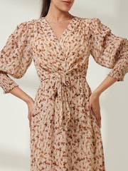 Jolie Moi Brown V-Neck Tie Waist Puff Sleeve Maxi Dress - Image 3 of 6