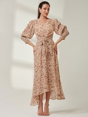 Jolie Moi Brown V-Neck Tie Waist Puff Sleeve Maxi Dress - Image 4 of 6