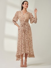 Jolie Moi Brown V-Neck Tie Waist Puff Sleeve Maxi Dress - Image 5 of 6