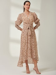 Jolie Moi Brown V-Neck Tie Waist Puff Sleeve Maxi Dress - Image 6 of 6