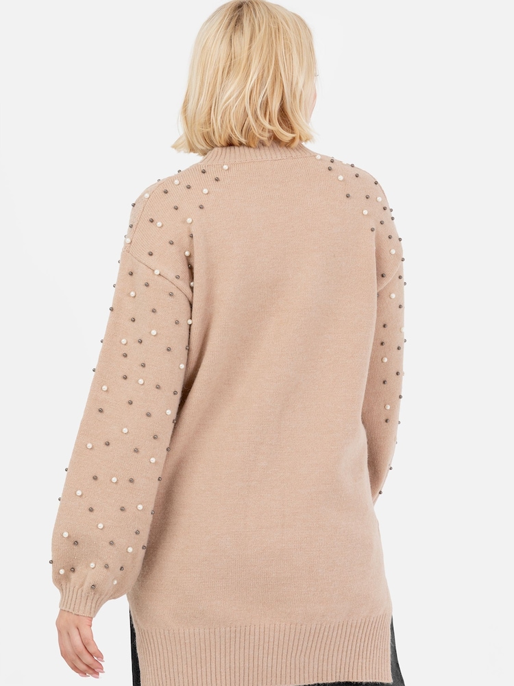 Lovedrobe Pearl Embellished Long Length Cable Knit Jumper - Image 2 of 6