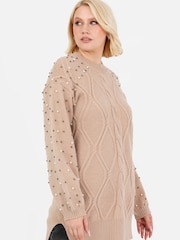 Lovedrobe Pearl Embellished Long Length Cable Knit Jumper - Image 3 of 6