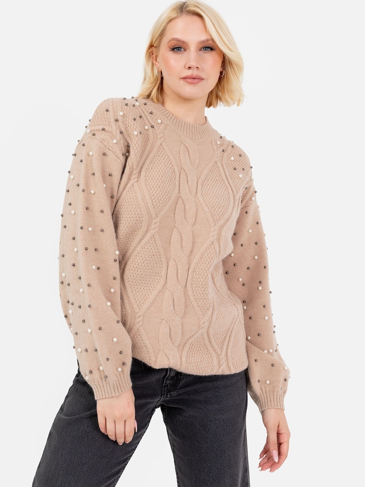 Lovedrobe Pearl Embellished Long Length Cable Knit Jumper - Image 6 of 6