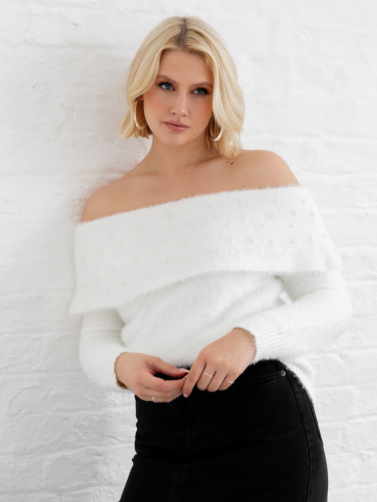Lovedrobe Pearl Detail Bardot Jumper Dress - Image 1 of 6