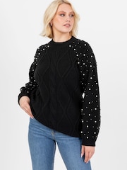 Lovedrobe Pearl Embellished Long Length Cable Knit Jumper - Image 1 of 6
