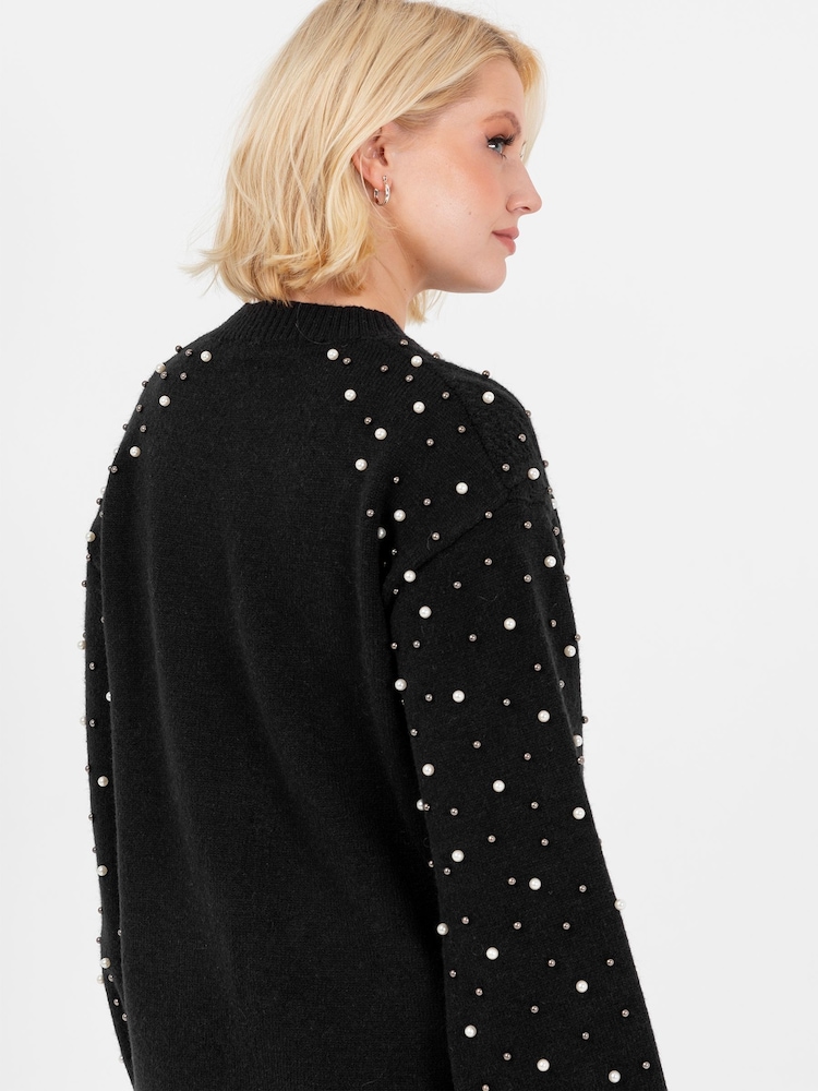 Lovedrobe Pearl Embellished Long Length Cable Knit Jumper - Image 6 of 6