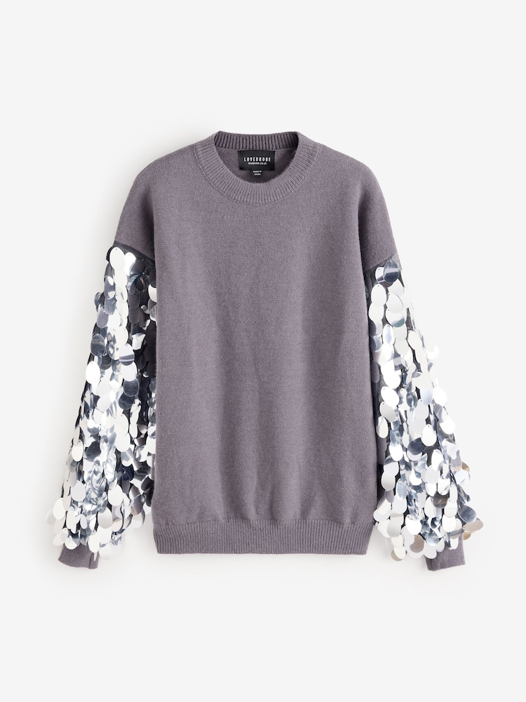 Lovedrobe Grey Disc Sequin Sleeve Detail Jumper - Image 5 of 5