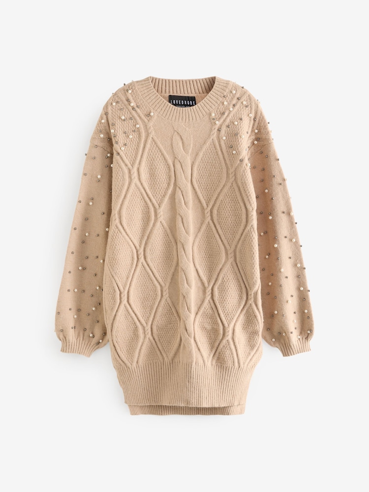 Lovedrobe Pearl Embellished Long Length Cable Knit Jumper - Image 6 of 6