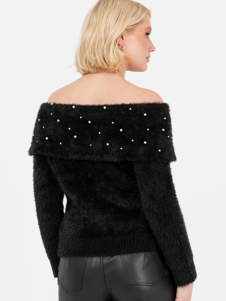 Lovedrobe Pearl Detail Bardot Jumper Dress - Image 2 of 6 Lovedrobe Pearl Detail Bardot Jumper Dress - Image 2 of 6