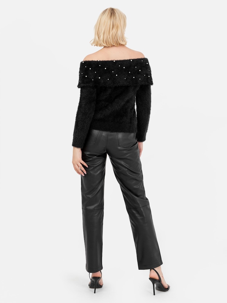 Lovedrobe Pearl Detail Bardot Jumper Dress - Image 6 of 6 Lovedrobe Pearl Detail Bardot Jumper Dress - Image 6 of 6