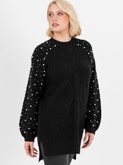 Lovedrobe Pearl Embellished Long Length Cable Knit Jumper - Image 4 of 6