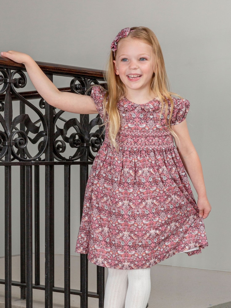 Trotters London Red Liberty Print Strawberry Thief Smocked 100% Cotton Dress - Image 1 of 6