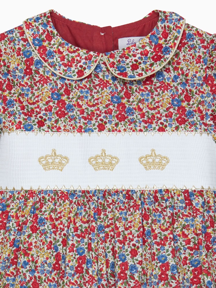 Trotters London Red Liberty Print Emma And Georgina Smocked Crown Dress - Image 3 of 3