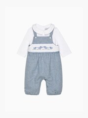 Trotters London Little Blue Herringbone Elephant Smocked Dungaree - Image 1 of 2