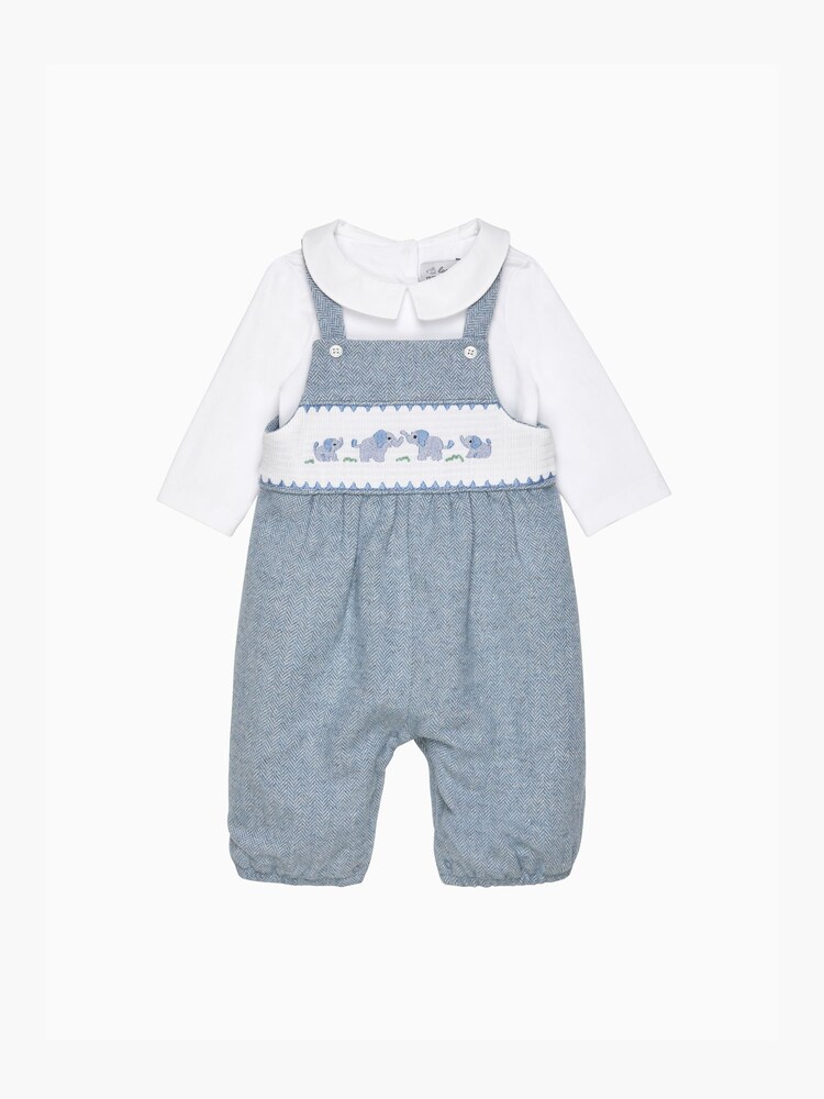 Trotters London Little Blue Herringbone Elephant Smocked Dungaree - Image 1 of 2