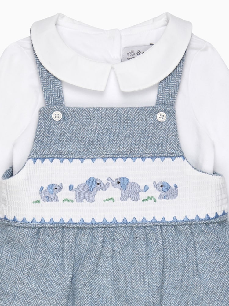 Trotters London Little Blue Herringbone Elephant Smocked Dungaree - Image 2 of 2