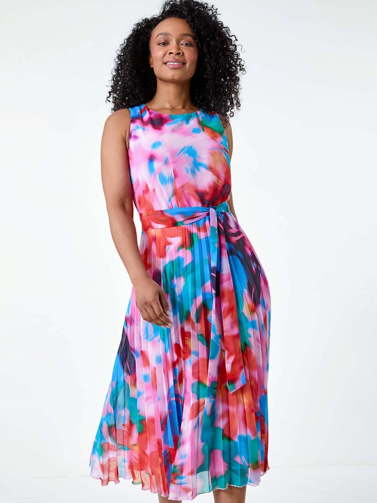 Roman Pink Abstract Print Pleated Midi Dress - Image 4 of 5