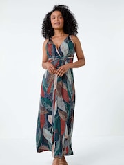 Roman Orange Leaf Print Stretch Maxi Dress - Image 2 of 5
